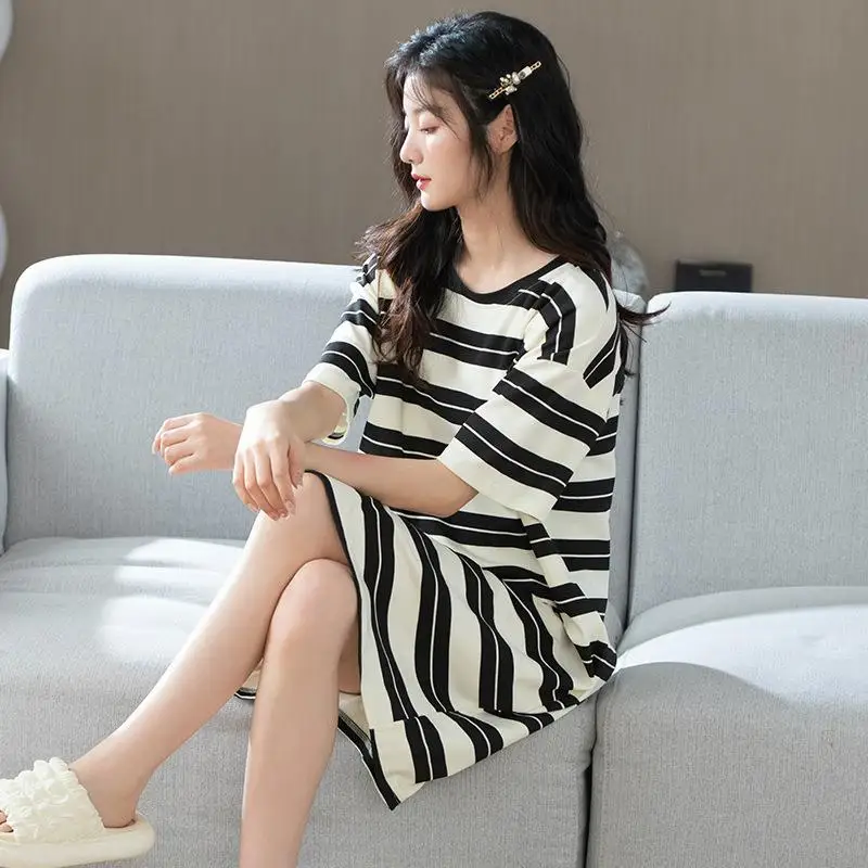 

Elegant Nightgown womens Underwear O-neck Nightdress High Quality Sleep Dress Cotton Sleep Wear Fashion Pajama Dress Simplicity