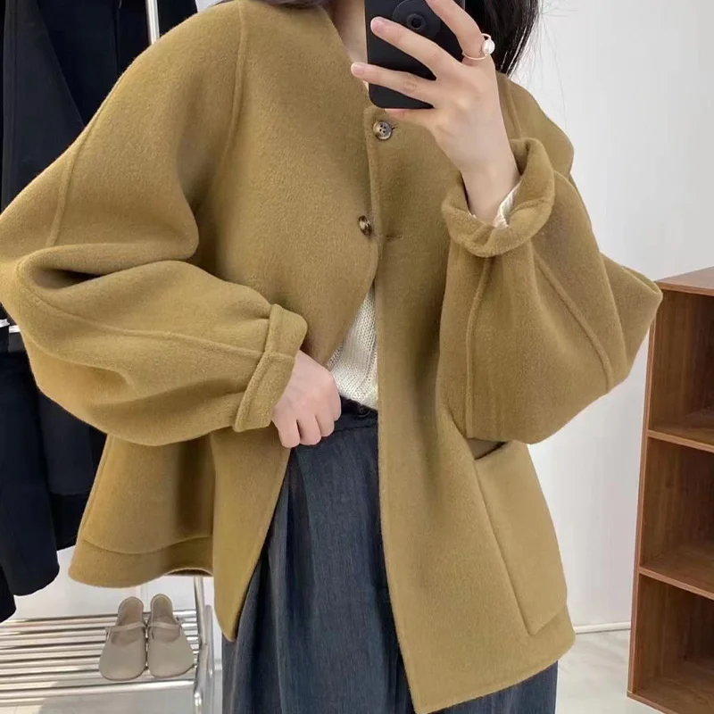 

2022 Autumn/Winter High end Cashmere Coat Women's Korean Small Short Versatile Simple Australian Wool Double Face Coat