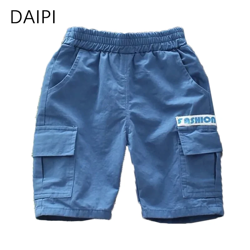 

2-14 Year Boys Pants Letters Pocket Elastic Waist Knee Length Pants for Kids New Summer Fashion Solid Color Boys Cargo Pants