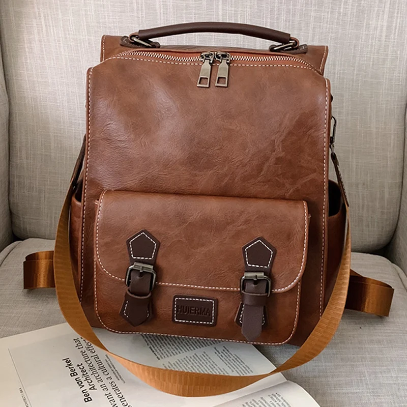 

2022 New Trendy Women's Backpack Vintage Pu Leather Daypack Brown Mochilas Para Mujer Casual Travel Bag Retro Student School Bag