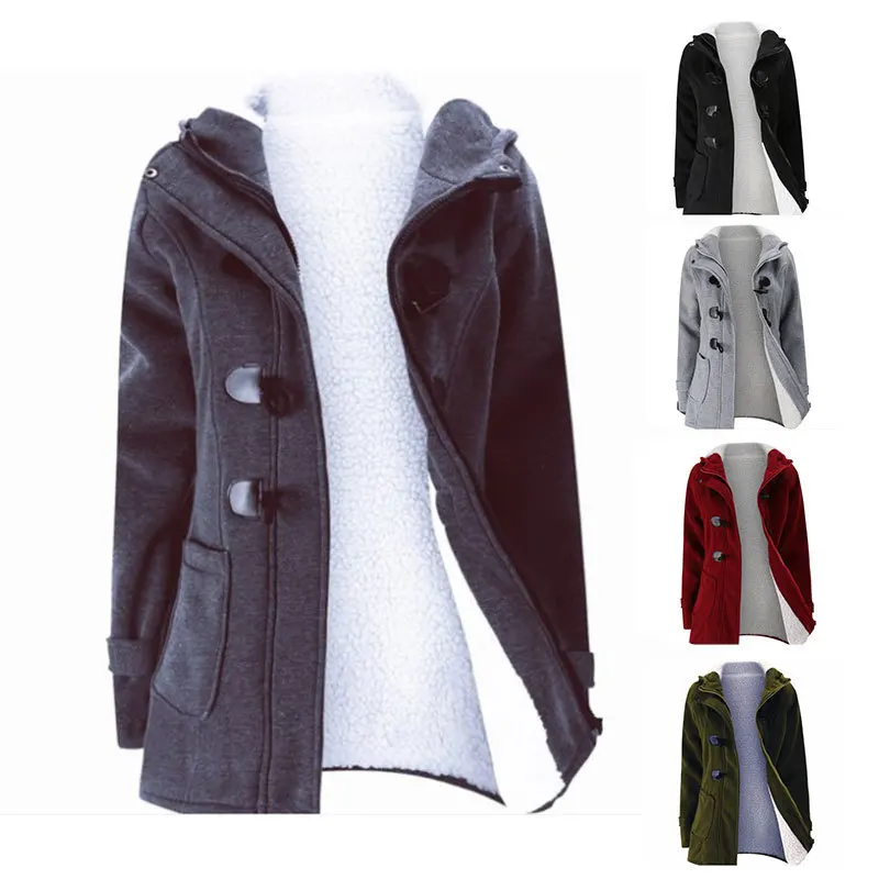 

2023 Autumn/Winter Hooded Wool Coats Women Buckle Coat Jacket Solid Color Fleece Lamb Wool Women Coat