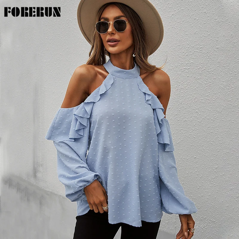 

FORERUN Blouse for Women 2022 Ruffle Sexy Cold Shoulder Long Sleeve Top Casual Jacquard Ladies Shirts Chemisier Femme Chic