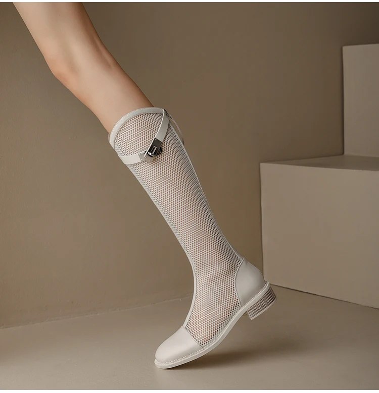 

Женские высокие сапоги с V-образным вырезом, дышащие Сапоги В рыцарском стиле из сетчатой ткани, с прорезями, на толстой подошве, до колена, лето