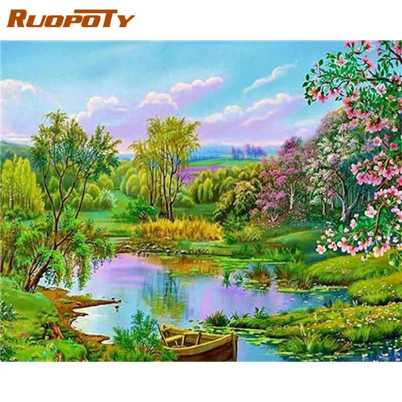 

RUOPOTY Spring Mountain Landscape Picture By Numbers For Adults HandPainted 40x50 Frame Acrylic Painting Draw Canvas Artcrafts