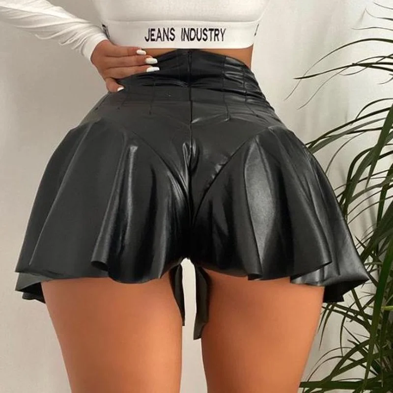 

Sexy Women PU Lether Shorts Skirts High Waist Soild Color Shorts Party Clubwear Summer Fashion A-Line Mini Skirts 2021 New