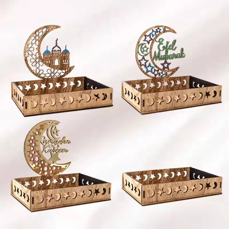 

Wooden Eid Mubarak Storage Box Wood Ramadan Table Decorations Dessert Tray Crafts