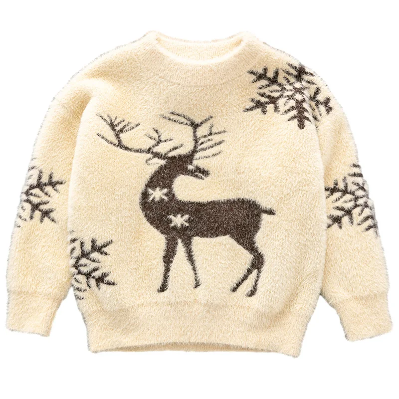 

Autumn Winter Girls Mink Fleece Sweater Kids Cartoon Deer Pullover Toddler Children's Knitted Sweaters for Girls 2022