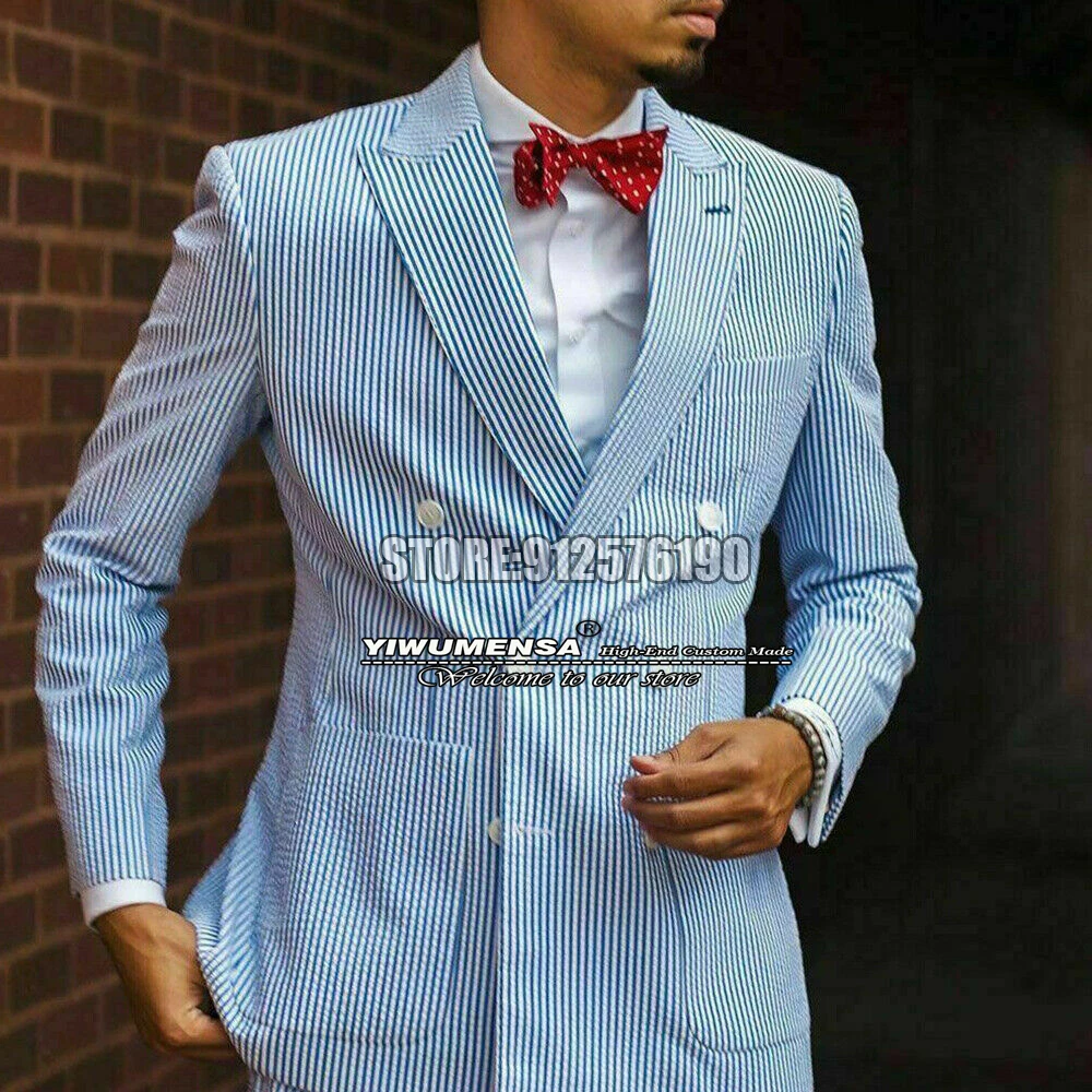 Men White/blue Double Breasted Jacket Pants Slim Fit Smart Casual Business Office Work Blazer Set