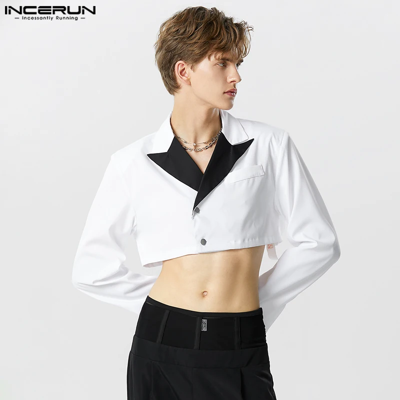 

Мужской Блейзер INCERUN в стиле пэчворк с отложным воротником и длинным рукавом, повседневные Костюмы на пуговицах, Мужская Уличная одежда, осень 2023, модные укороченные пальто унисекс, женский