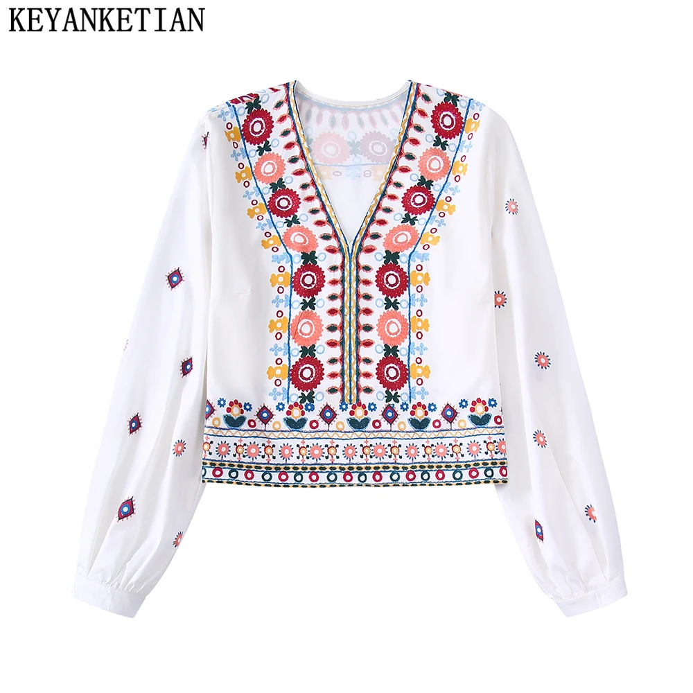

KEYANKETIAN Ladies Colorful Flower Embroidered V-Neck Top 2022 New Boho Fashion Women's Pullover Long Sleeve Cropped Shirt