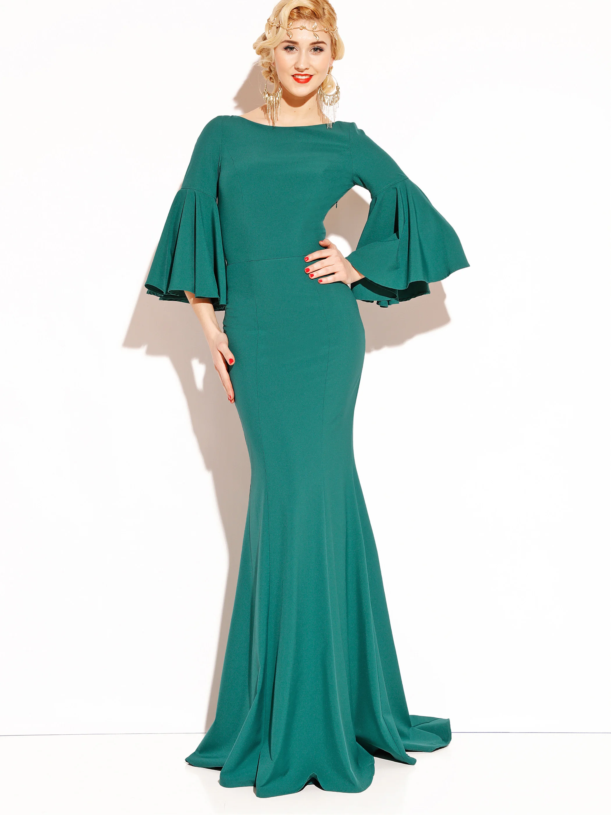 

Plain Long Evening Party Dress Emerald O Neck Flare Sleeves Floor Length Mermaid Gown Women Backless Formal Female Dresses