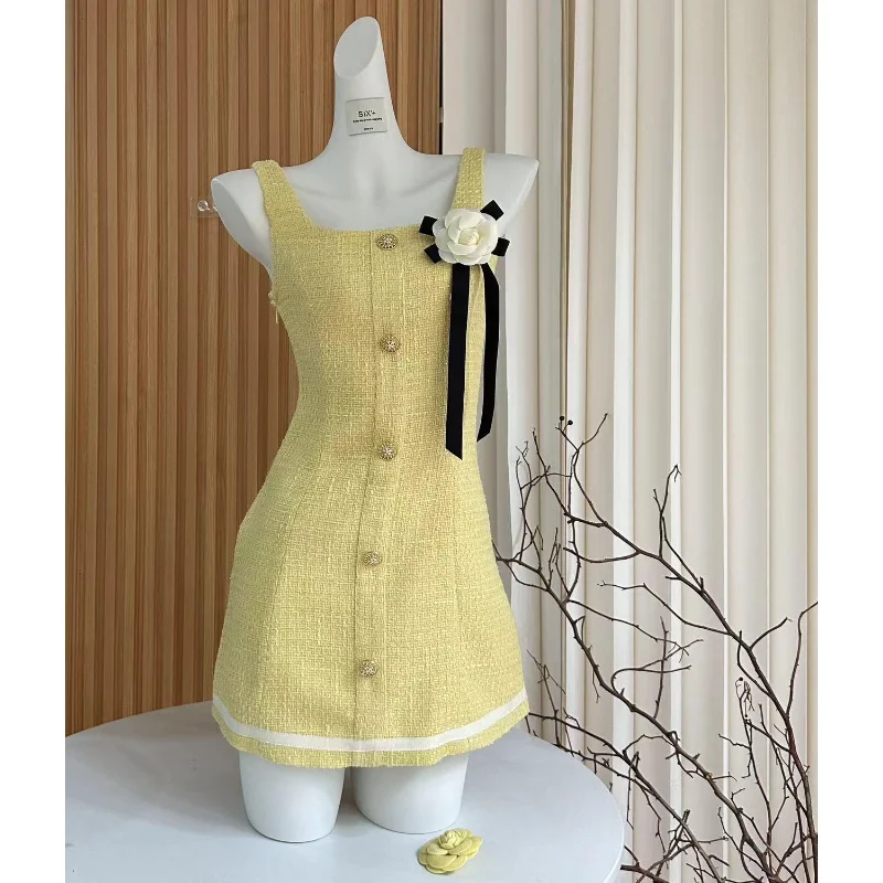 

Small Fragrant Yellow Vest Mini Dress Summer New Sexy Square Collar Sleeveless A-line Slim Korea Tweed Women Short Dresses 1394