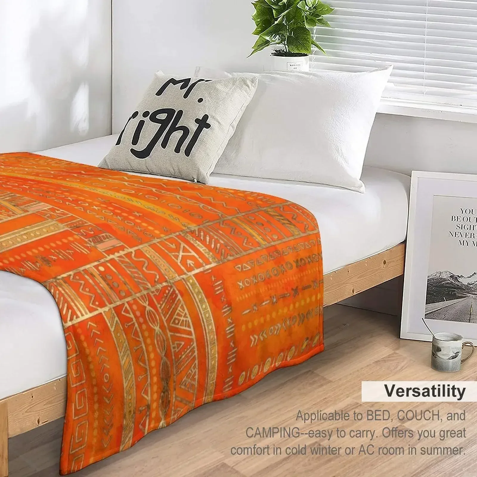 Племенный этнический узор золото на ярко-оранжевом плед декоративные кровати