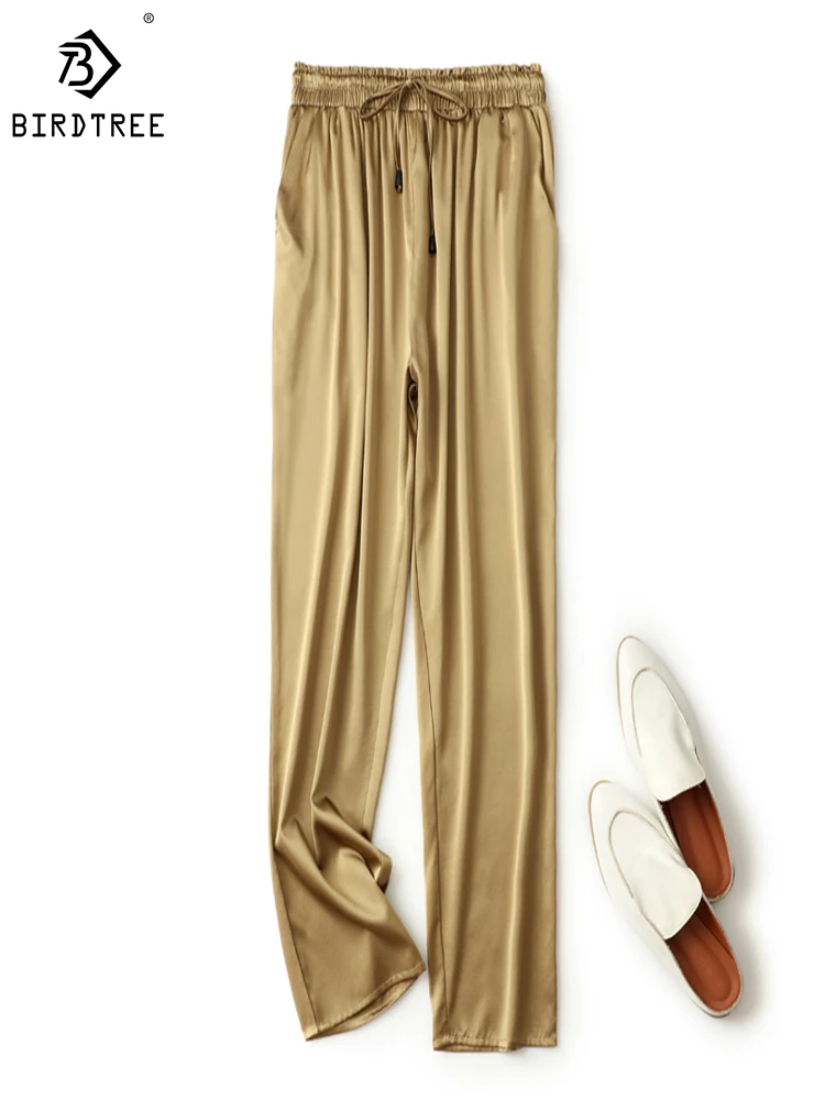 

Birdtree Women's Silk Pants 93% Mulberry Silk 7% Spandex 20 Momme Heavy Silk Loose Tie Waist Cropped Harem Pants B37801QD