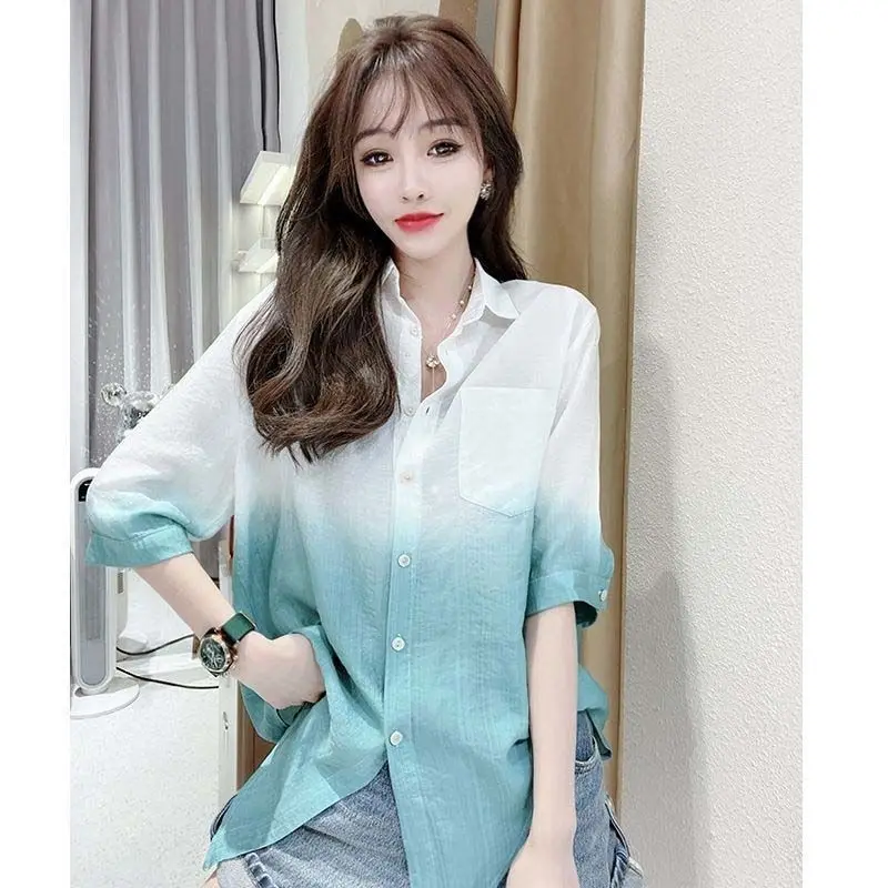 

Fashion Woman Blouses 2022 Summer New Hem Gradient Design Shirt Women Loose Pockets Casual Office Street Chic Top Blusas Mujer