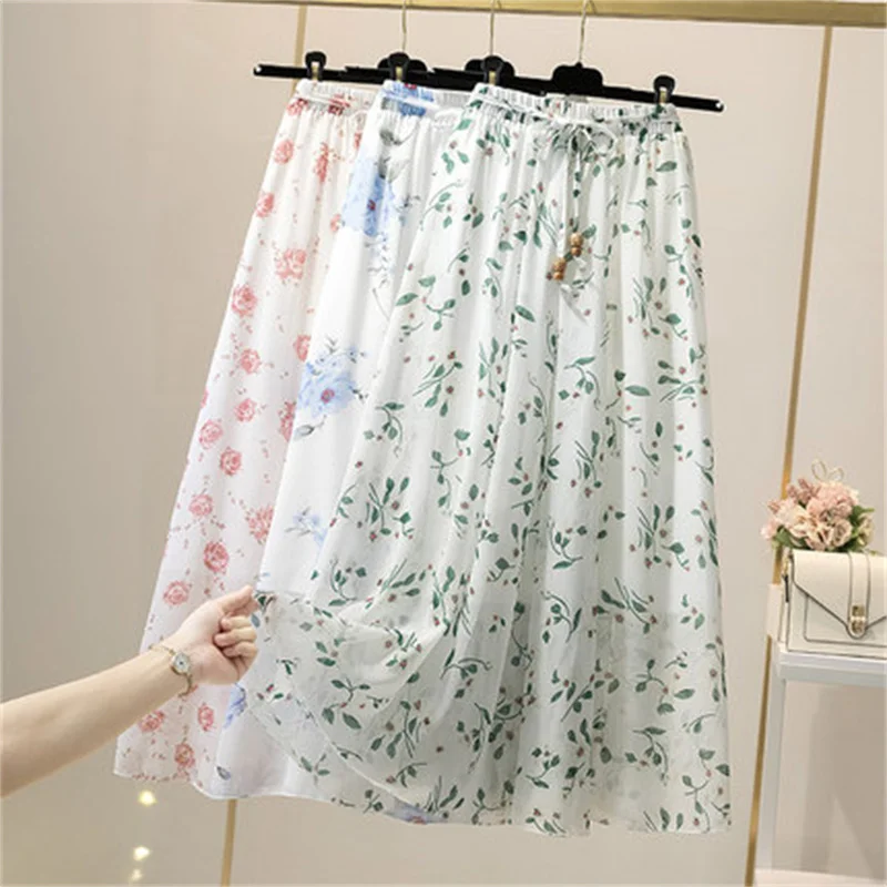 

Vintage Boho Pleated Floral Chiffon Skirt Women's Clothing 2022 Summer New High-waisted A-line Beach Chiffon Skirts bd134