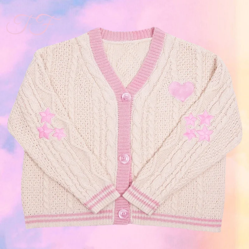 

Autumn Heart Shaped Pink Cardigan Women Hand Woven Knitted Lover Cardigans Winter Warm Beige Star Embroidered Cardigan Sweaters