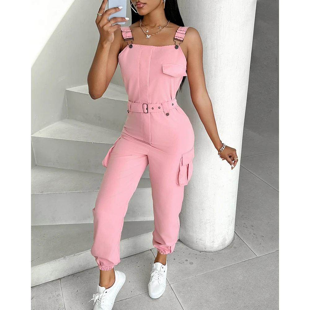 Летний женский дизайнерский комбинезон с карманами без рукавов манжетами и