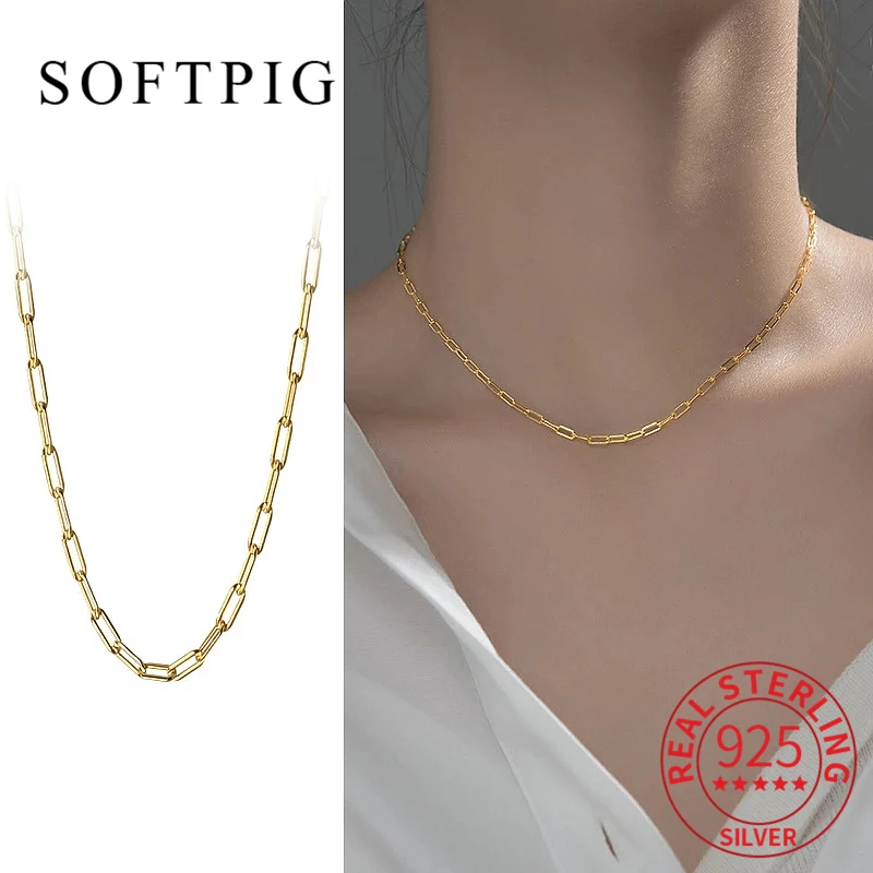 

SOFTPIG Real 925 Sterling Silver Pearl OT Buckle Choker Necklace For Women Asymmetry Geometric Chain Classic Fine Jewelry