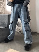 houzhou harajuku japanese oversized blue baggy jeans women hippie streetwear pockets wide cargo denim pants vintage trousers