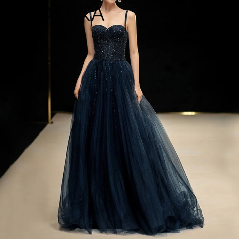 

Navy Blue Beaded Evening Dresses Beading Spaghetti Strap Slim Tulle Prom Gowns Elegant Female Long Party Dress 2023 Summer