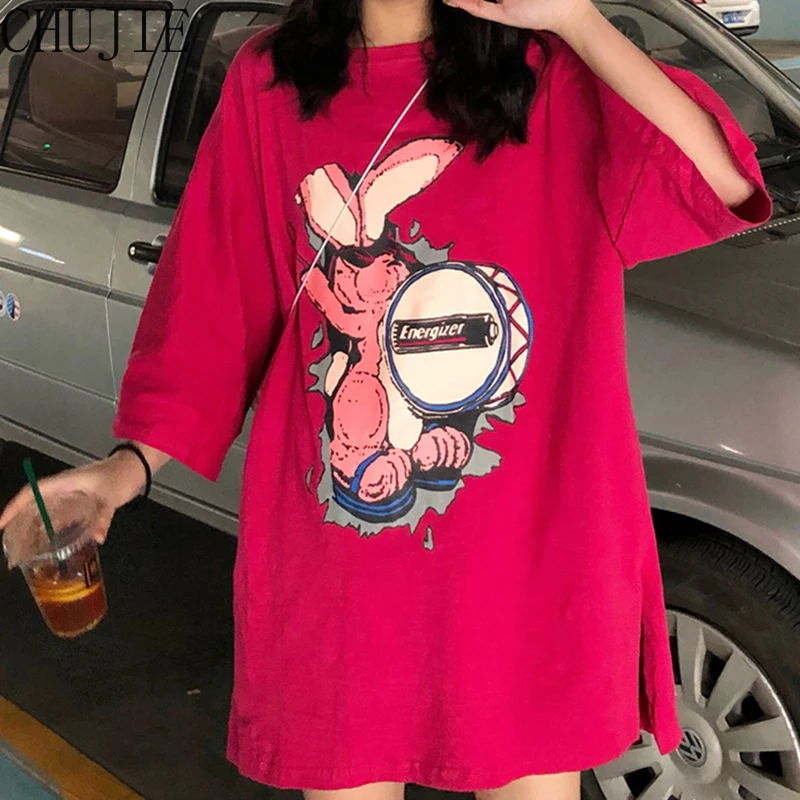

2022 Fashion Mid-Length Tee Loose Cartoon Printed Short Sleeve T-shirt for Women Plus Size All-match Summer Tshirt