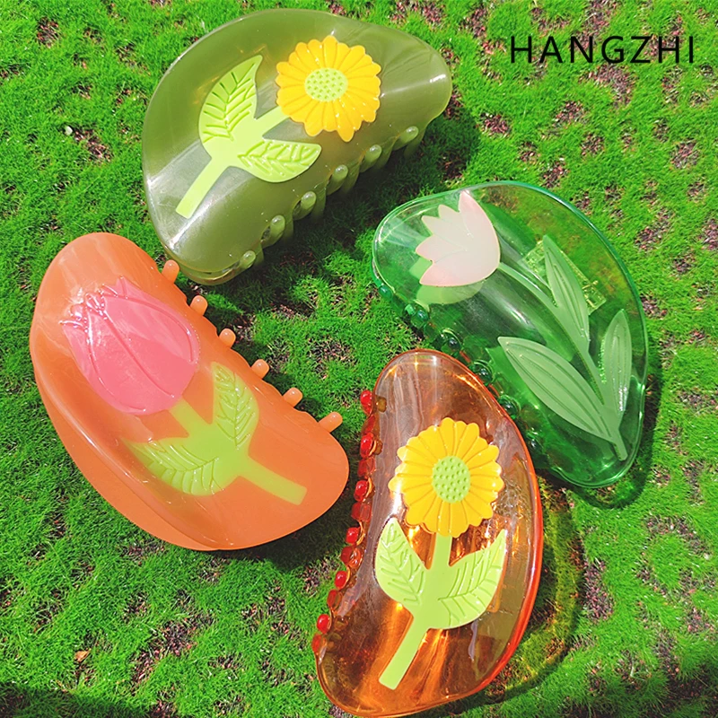 Ful Clear Flower Acetate Hair Clip Sunflower Rose Orchid Shark Hair Claws For Women Travel Party Headwear