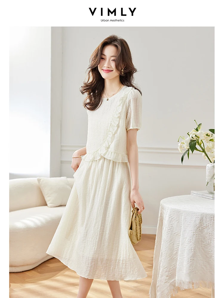 

Vimly Fashion Women's Summer Suit 2023 Simple O-neck Flounced edge Short Sleeve Shirt and A-line High Waist Midi Skirt M1221