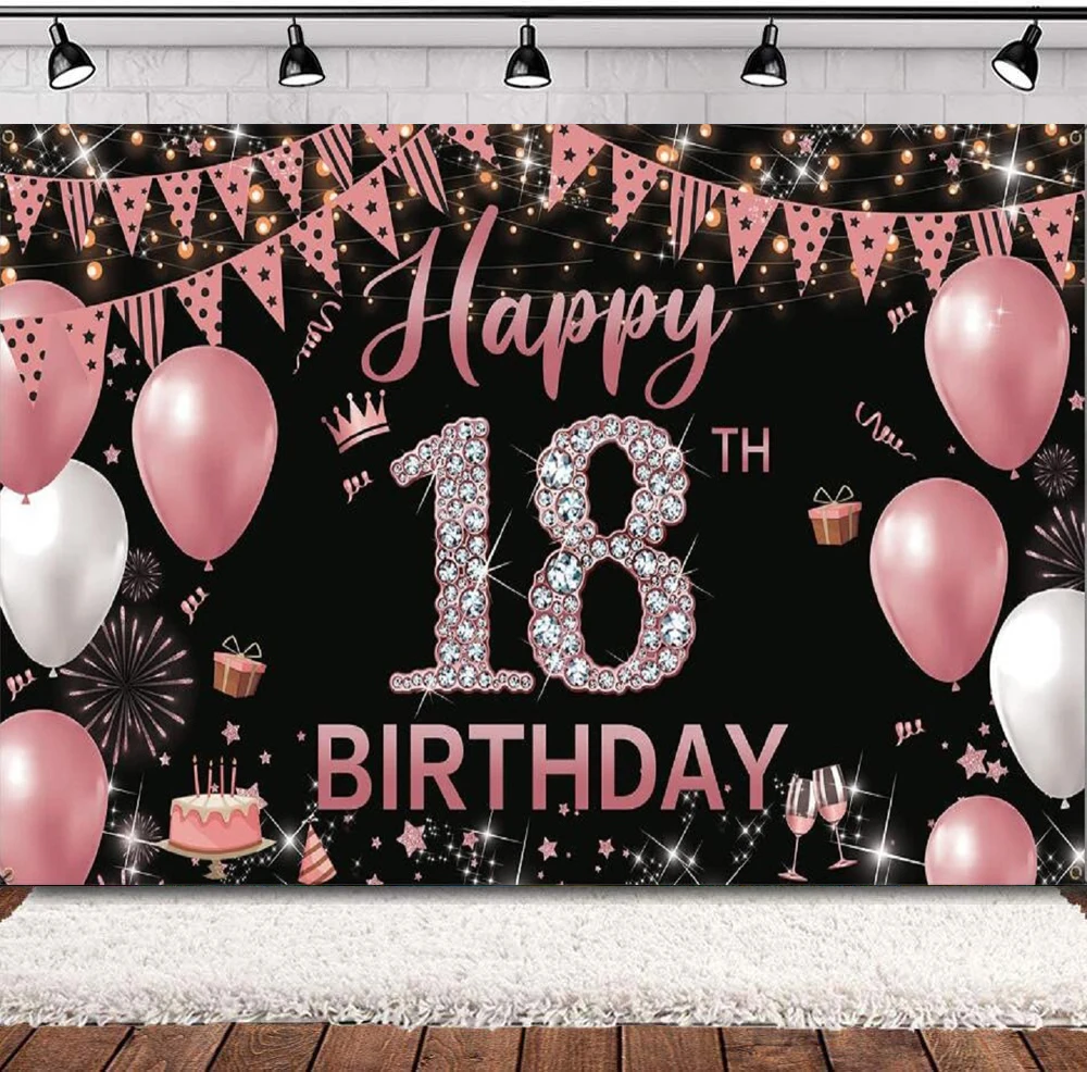 

Photography Backdrop Banner For Girls Rose Gold Poster Photo Happy 18 Year Old Birthday Party Background Sign Decor