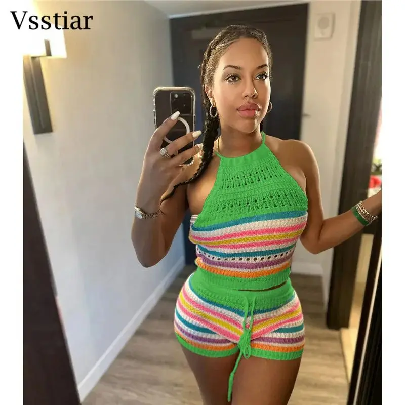 Vsstiar Летний полосатый Женский комплект из двух предметов сексуальный с открытой