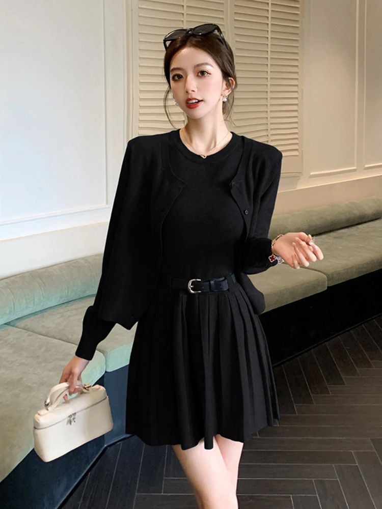 Повседневный стиль вязаная одежда из двух предметов женская черный серый жилет