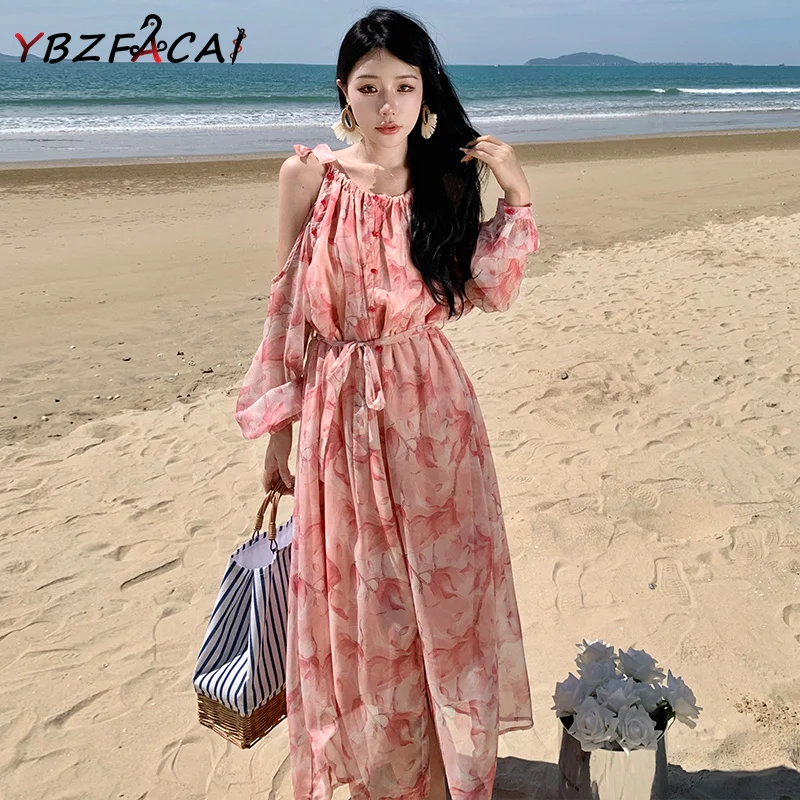 

Шифоновое платье для женщин, элегантное праздничное пляжное длинное милое розовое платье с принтом и длинным рукавом, коллекция 2023 года, Свободные повседневные летние женские платья
