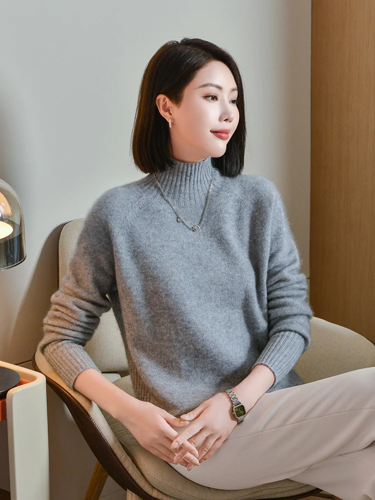 New Half-high Collar 00% Pure Cashmere Sweater Women Autumn and Winter Pullover Loose Short Knitted Thickened Bottom...