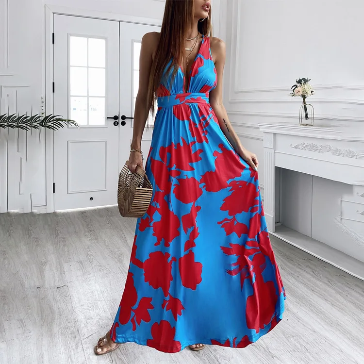 

Платье-комбинация женское с V-образным вырезом, пикантное длинное Модное в стиле бохо, без рукавов, с открытой спиной, с высокой талией, лето ...