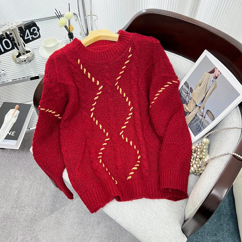 

Women's Autumn and Winter New High-end Temperament Round Neck Long Sleeve Thick Fried Dough Twist Vintage Fashion Knitwear