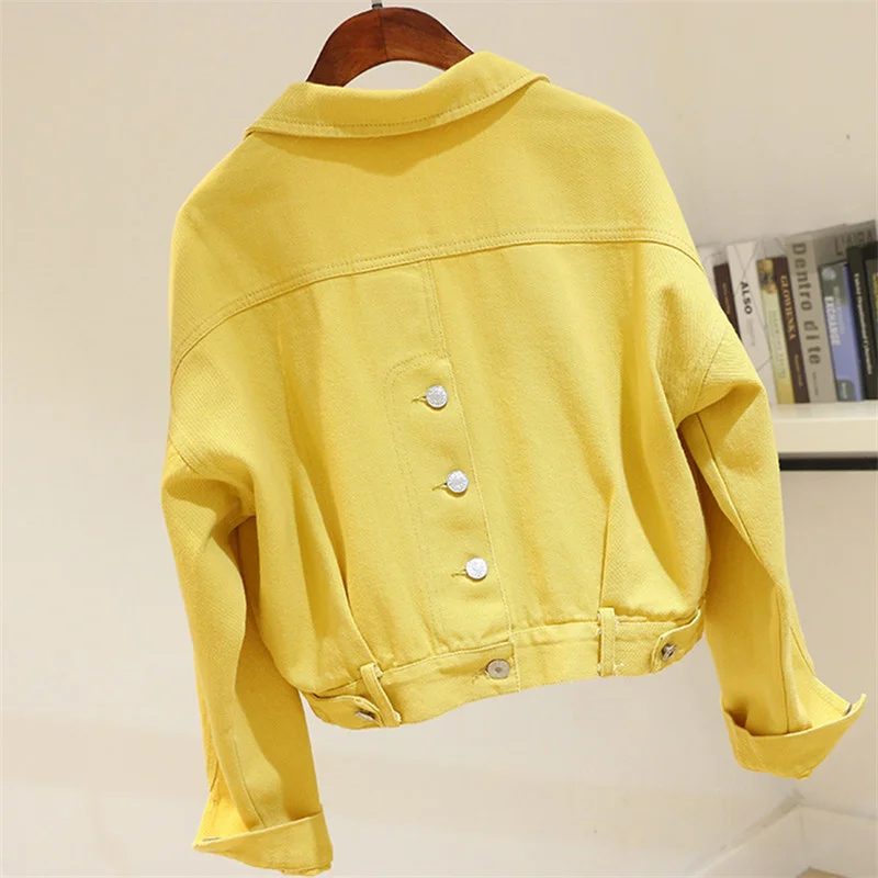

Fashion Korean Loose Denim Jacket Coat Women Yellow Purple Back Split Outerwear Long sleeve Short Student Jeans Jackets Female