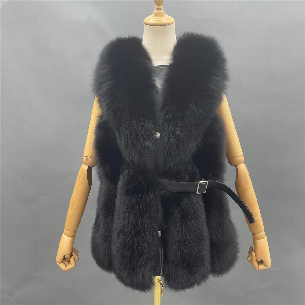 

Medium Long Real Fox Fur Waistcoat Women Ladies Fashion Natural Fur Genuine Leather Vest Thick Warm Sleeveless Coats Customized