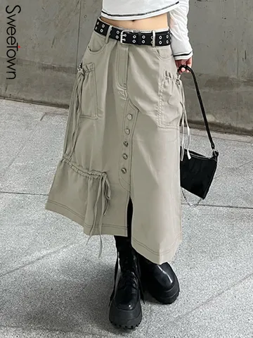 Sweetown Cargo Style Low Waist A Line Mid-Calf Skirts Womens Drawstring Pockets Casual Button Split Vintage Korean Long Skirt