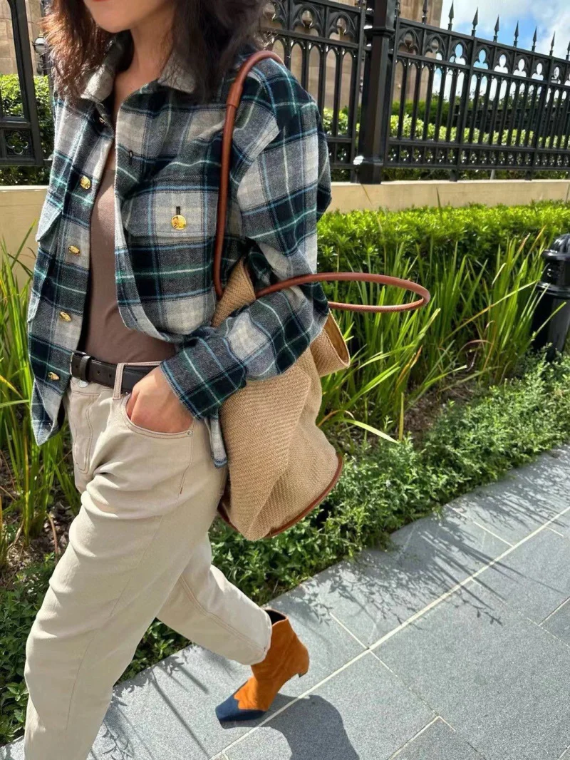 Женские рубашки 2024 осенняя мода клетчатый топ с длинными рукавами и принтом