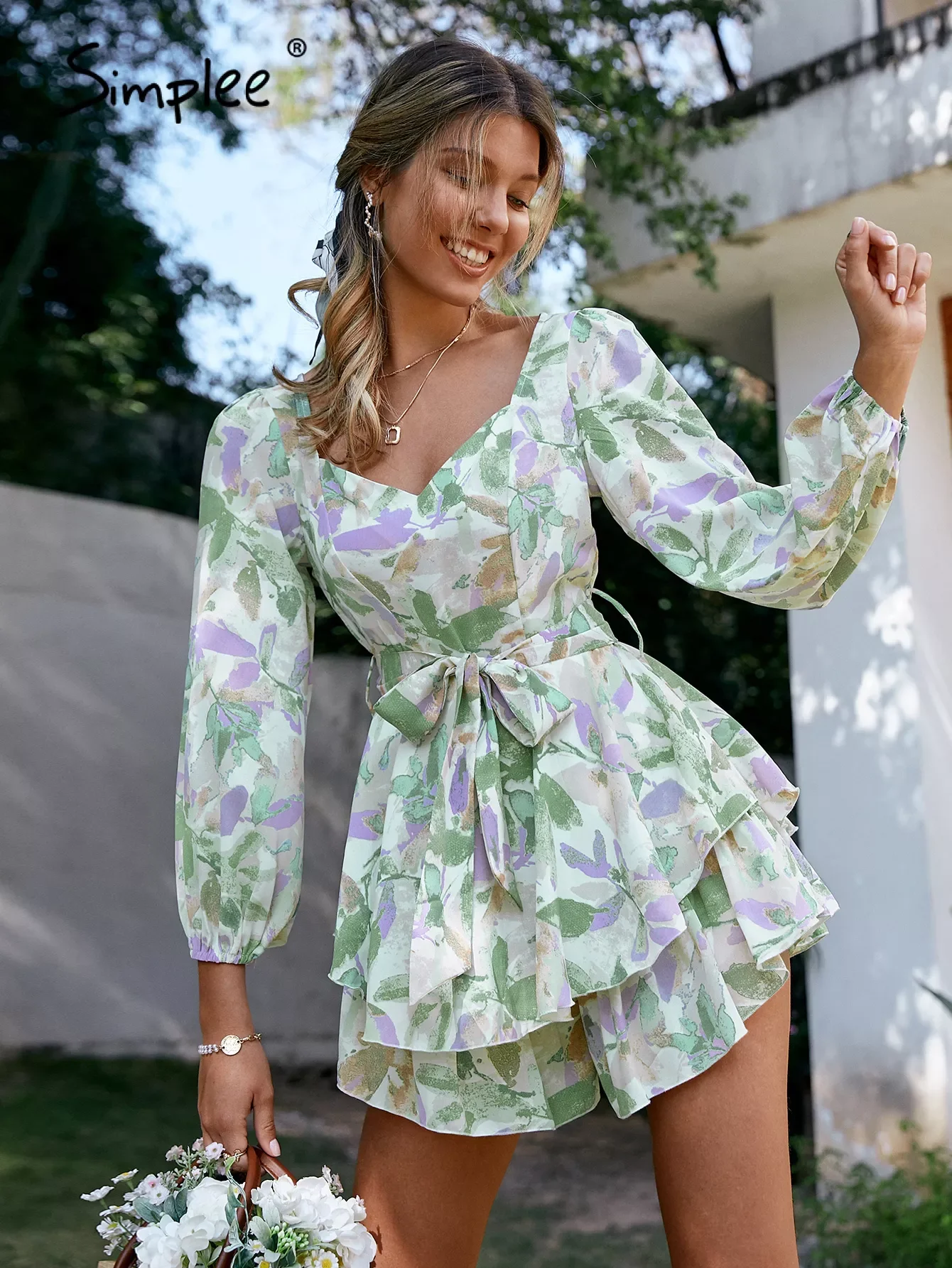 

Женский праздничный комбинезон Simplee с поясом, длинным рукавом и оборками, летний женский короткий комбинезон на шнуровке с цветочным принто...