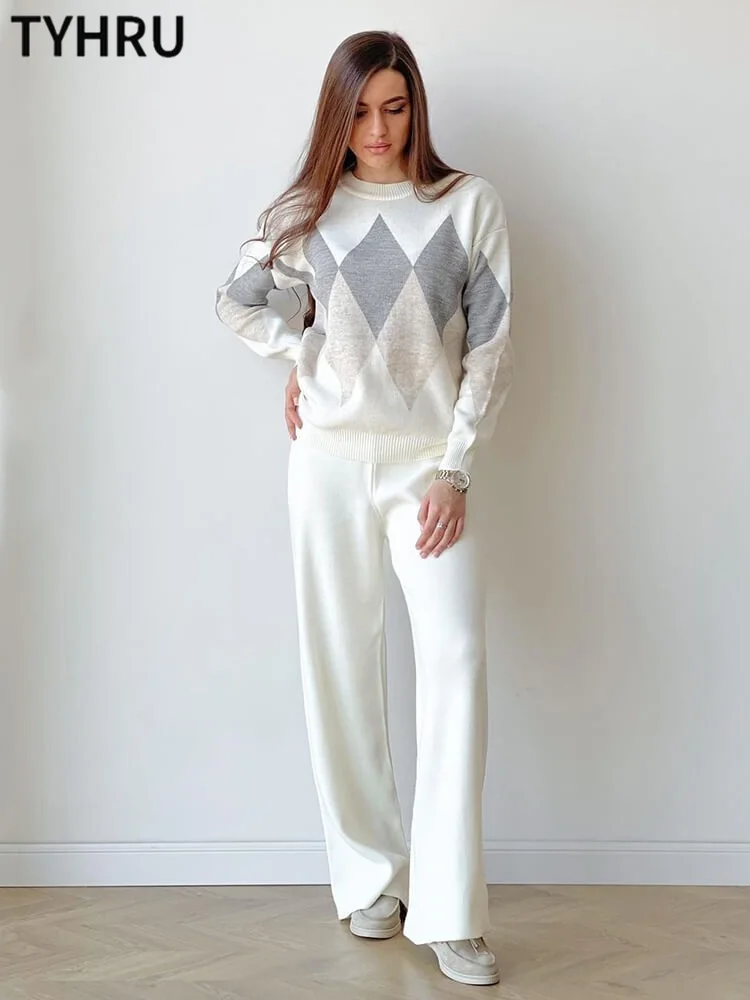 

TYHRU Women’s Knitted Pants Suits Fashion O-neck Diamond Lattice Sweaters Pullovers+Wide Leg Trousers 2 Pieces Sets Streetwear