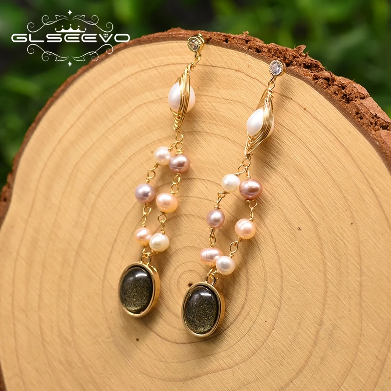 

GLSEEVO Original Design Drop Earrings For Women Natural Fresh Water Pearl Fine Jewelry Pendientes Mujer Moda 2019 GE0900