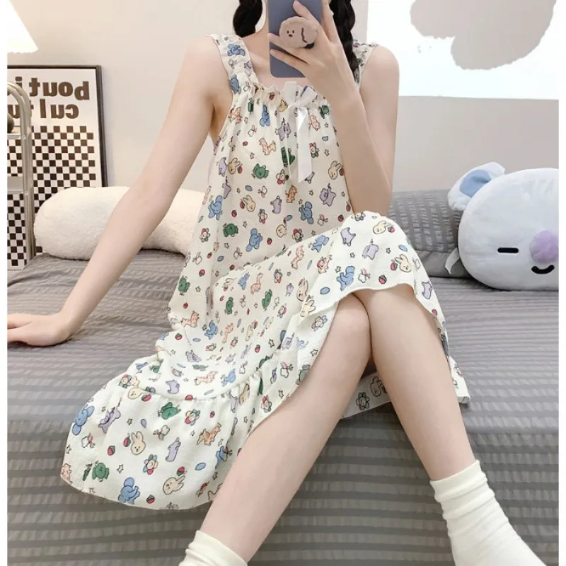 2023 New Summer One-Piece Sleepwear For Women-F-Novelty Comfort Home Wear Floral Printing Slash-Neck Sweets Sleepgown With Bow