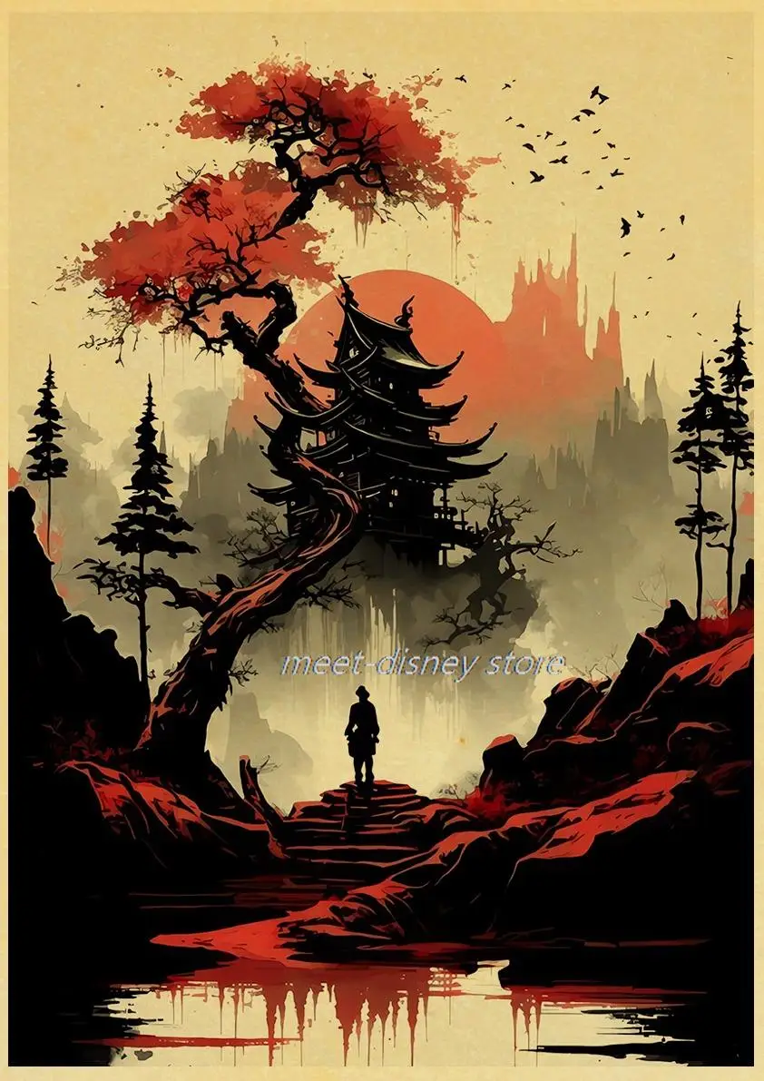 

Красная Луна, японская архитектура, постер, Harajuku, крафт-бумага, постеры, украшение для дома, кофе, эстетический Chambre, настенное общежитие