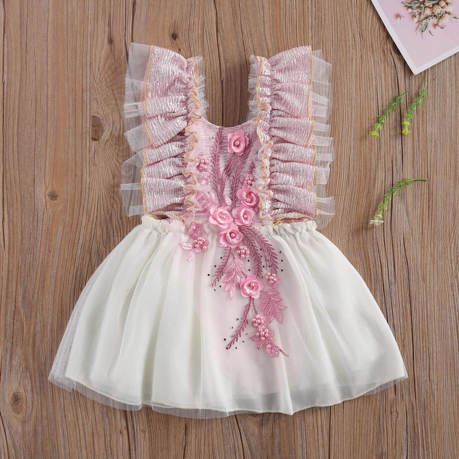 

Toddler Baby Girls Summer Dress Pearl Flower Embroidery Sleeveless O-neck High Waist A-line Dress Girls Party Princess Clothing