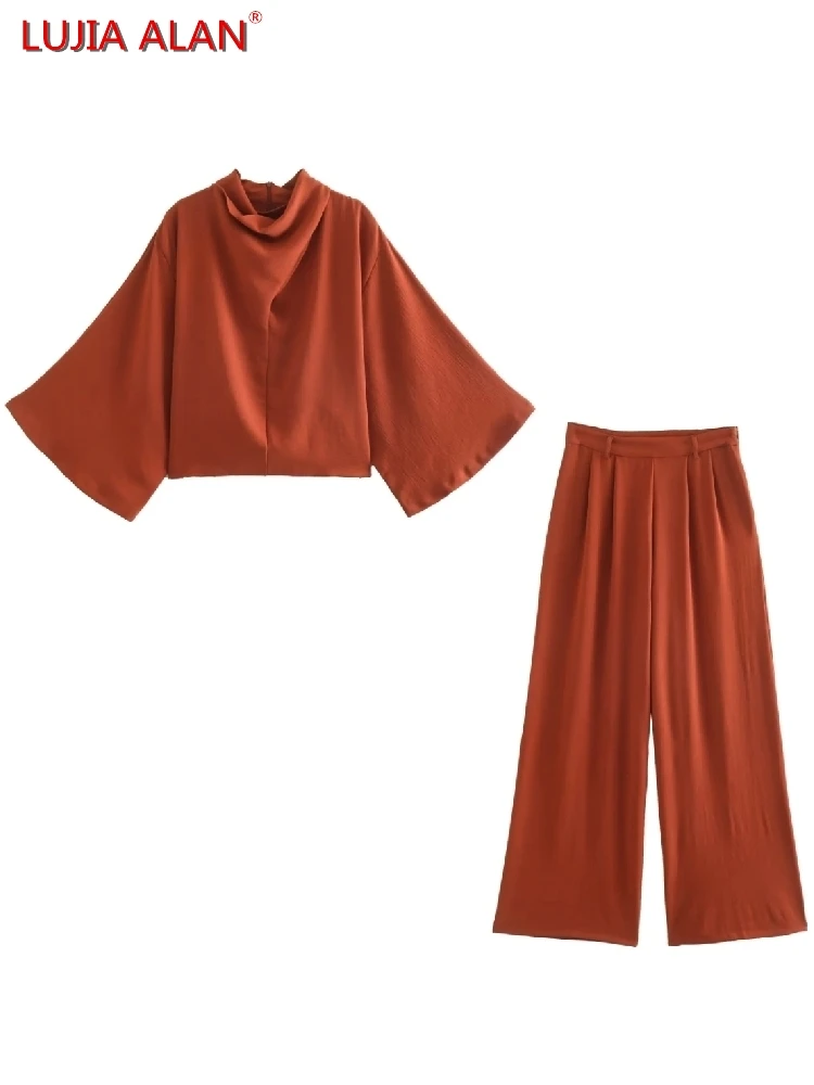 

Новая женская Повседневная Свободная короткая блузка с расклешенным рукавом и воротником-стойкой + широкие брюки с высокой талией LUJIA ALAN B950