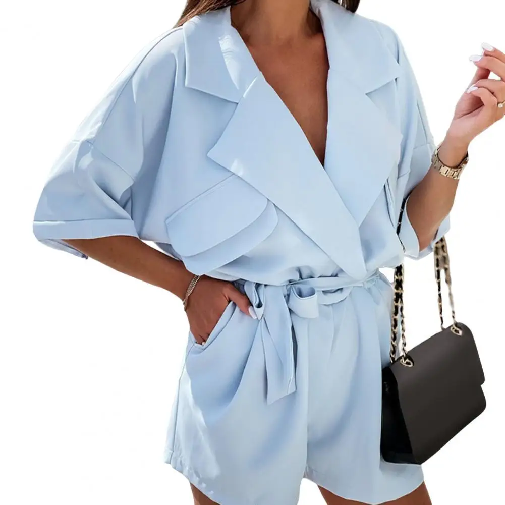 

Lapel Women Romper Breathable Streetwear Batwing Sleeve Short Romper for Work