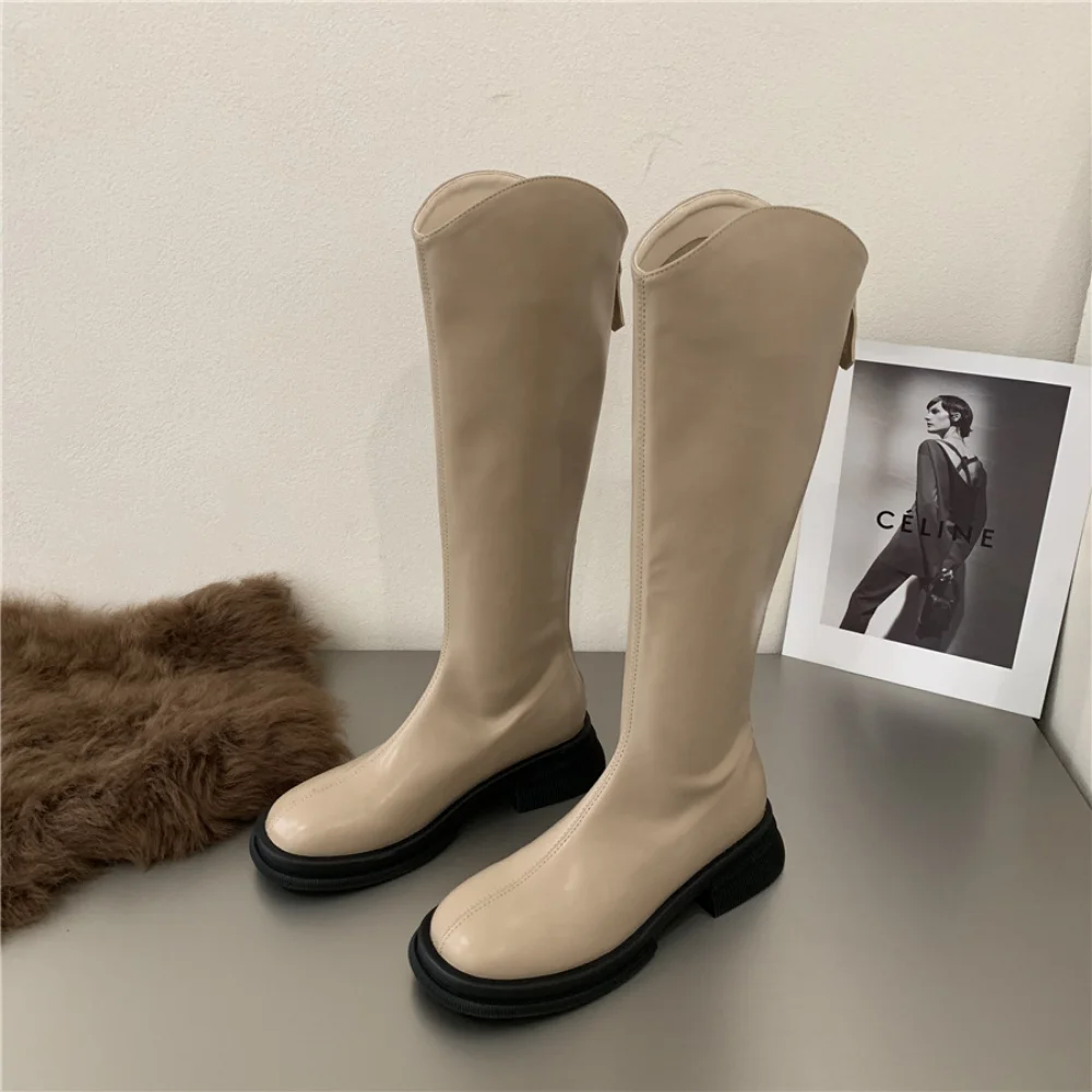 

New Luxury Chelsea Boots Women's Knee Boots Autumn PU Leather Female Shoes Low Heel Ankle Boots Slip On Chunky Boots For Woman