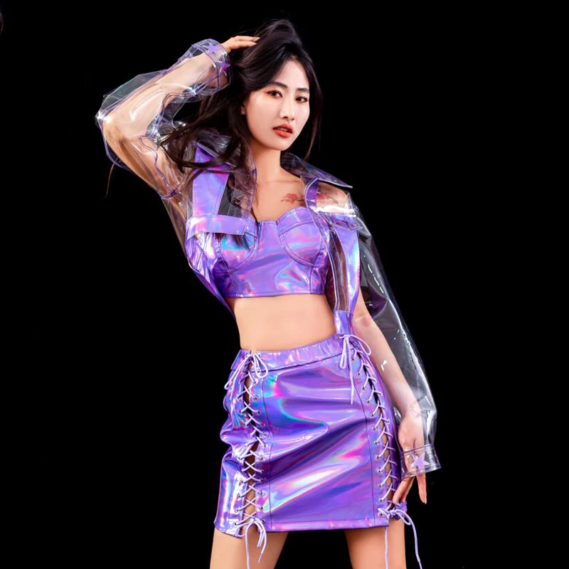 

Sexy Gogo Costumes Purple Laser Jazz Leather Sets Jazz Dance Bikini Jacket Strap Skirt Nightclub Women Festival Outfits XS4703