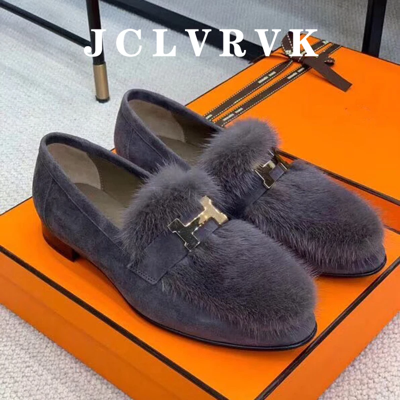

JCLVRVK Womens Real Mink Fur Leopard Rhinestones Crystal Decor Mules Flats Slippers Warm Winter Shoes Luxury New